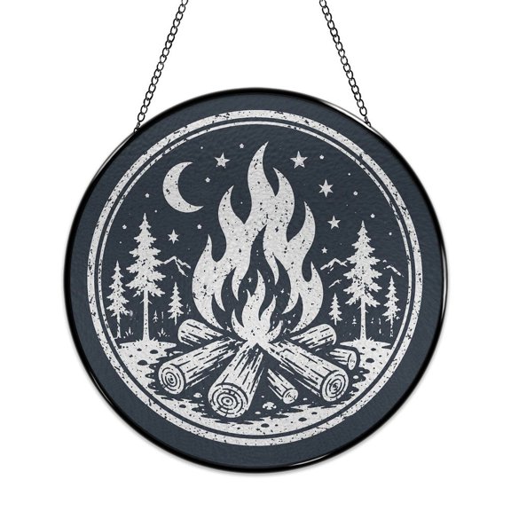 RKSupls Round Stained Glass Window Suncatcher, Vintage Camper Moon Circle Ornament with Metal Hook & Chain, Solid Glass Indoor Wall Decor for Home Holiday