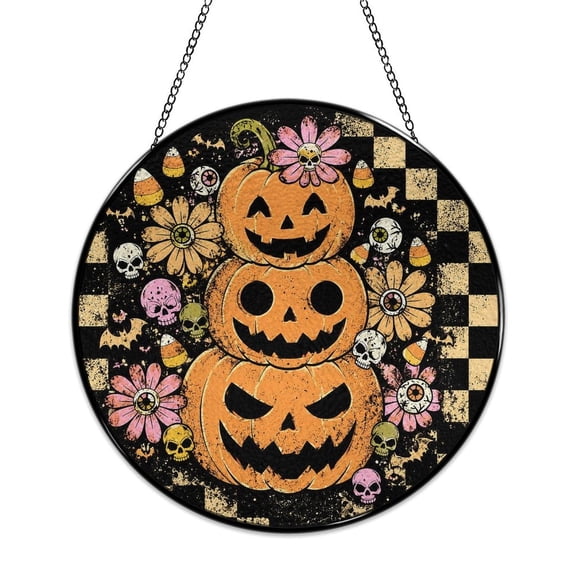 RKSupls Round Stained Glass Window Suncatcher, Vintage Halloween Stacked Pumpkins With Flowers Ornament with Metal Hook & Chain, Solid Glass Indoor Wall Decor for Home Holiday