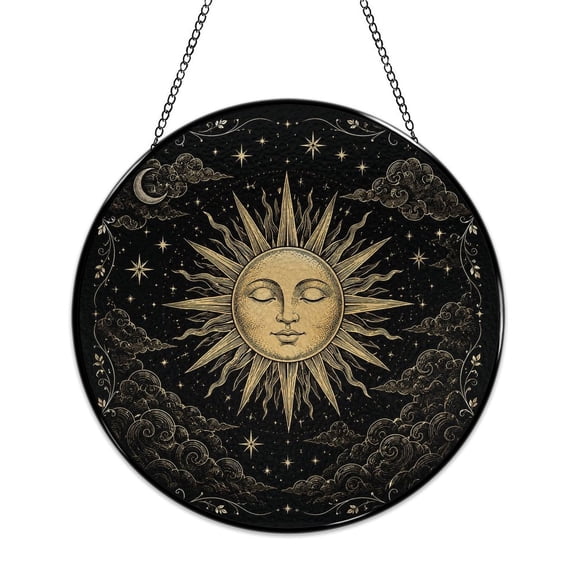 RKSupls Round Stained Glass Window Suncatcher, Vintage Sun Face Clouds Celestial Art Ornament with Metal Hook & Chain, Solid Glass Indoor Wall Decor for Home Holiday