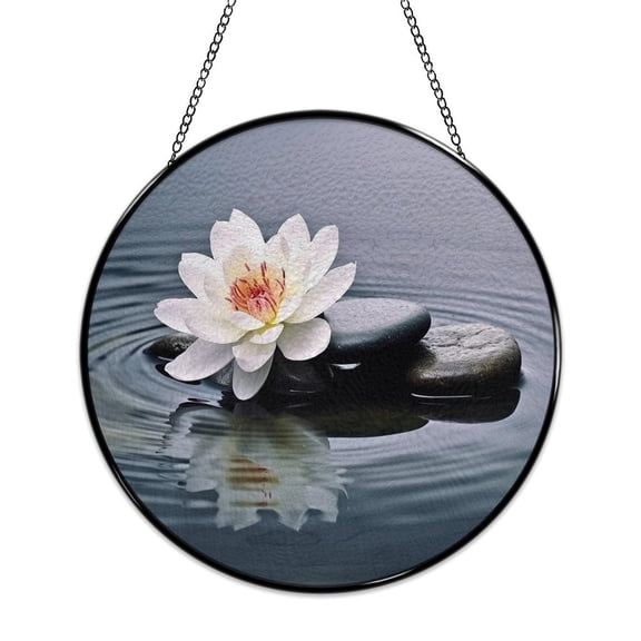 RKSupls Round Stained Glass Window Suncatcher, White Lotus Stones Ripples Ornament with Metal Hook & Chain, Solid Glass Indoor Wall Decor for Home Holiday
