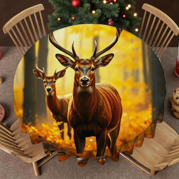 RKSupls Round Tablecloth - Autumn Deer Forest Microfiber Table Cover - Soft, Stain Resistant & Washable Decor for Wedding, Party, Holiday, Home Dining, 60x60inch