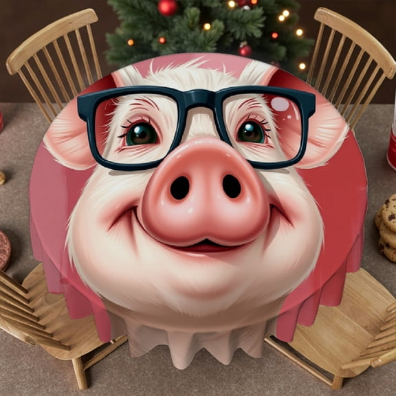 RKSupls Round Tablecloth - Cartoon Pig Glasses Microfiber Table Cover - Soft, Stain Resistant & Washable Decor for Wedding, Party, Holiday, Home Dining, 60x60inch