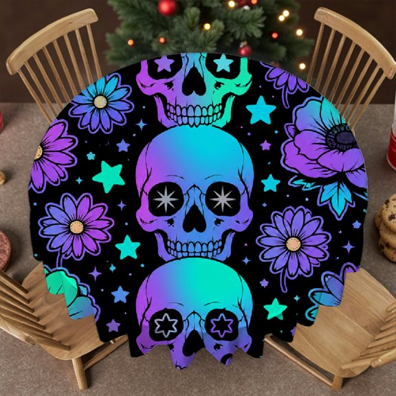 RKSupls Round Tablecloth - Holographic Skull Flowers Teal Black Print, Holiday-Themed Design 2D Flat Printing Soft, Wedding, Party, Home Dining
