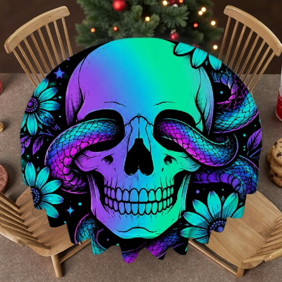 RKSupls Round Tablecloth - Holographic Skull Flowers Teal Purple Print, Kitchen Accessories Polyester Tablecloths Soft, Wedding, Party, Home Dining