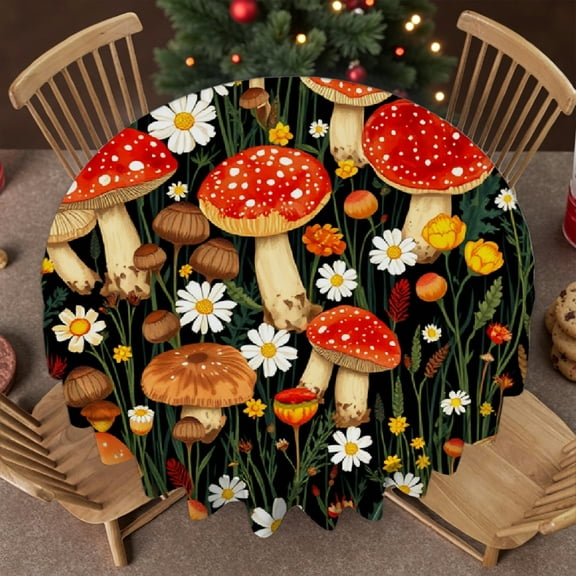 RKSupls Round Tablecloth - Mushroom Daisy Floral Microfiber Table Cover - Soft, Stain Resistant & Washable Decor for Wedding, Party, Holiday, Home Dining, 60x60inch