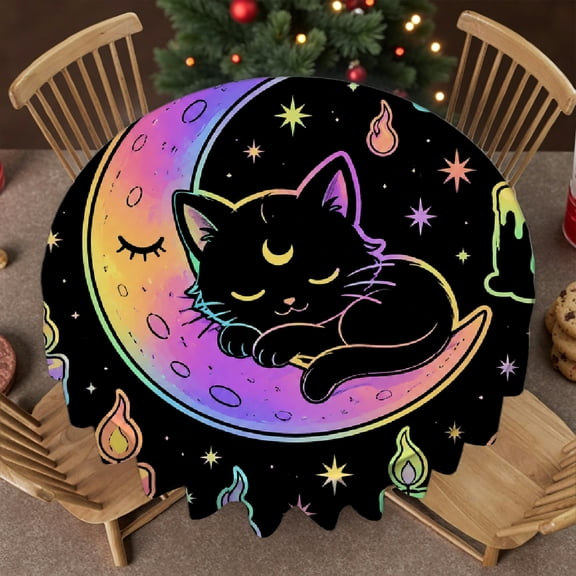 RKSupls Round Tablecloth - Neon Moon Candle Flame Star Dark Print, 2D Flat Printing Festive Table Setting  Stain Resistant & Washable Decor, Wedding, Party, Home Dining