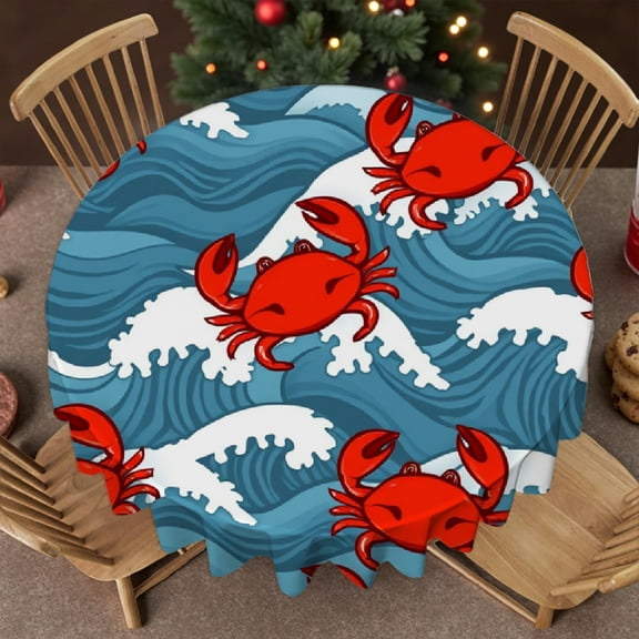 RKSupls Round Tablecloth - Red Crab Ocean Wave Microfiber Table Cover - Soft, Stain Resistant & Washable Decor for Wedding, Party, Holiday, Home Dining, 60x60inch