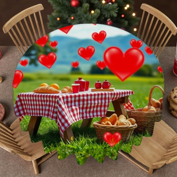 RKSupls Round Tablecloth - Romantic Picnic Heart Microfiber Table Cover - Soft, Stain Resistant & Washable Decor for Wedding, Party, Holiday, Home Dining, 60x60inch