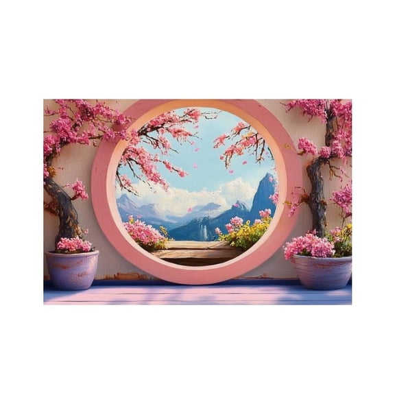 RKSupls Round Window Cherry Mountain Linen Placemats 30x45cm Straight Edge Stain Resistant Washable Non-Slip Table Mats Table for Kitchen Dining Room Home