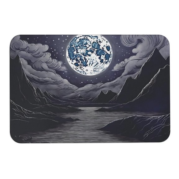RKSupls Rounded Corner Diatom Mud Floor Mat, Moon Water Mountains Night Super Absorbent Non Slip Washable Doormat for Bathroom Bedroom Indoor Use