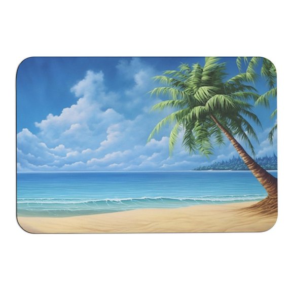 RKSupls Rounded Corner Diatom Mud Floor Mat, Palm Tree Beach Ocean Tropical Summer Scene Super Absorbent Non Slip Washable Doormat for Bathroom Bedroom Indoor Use