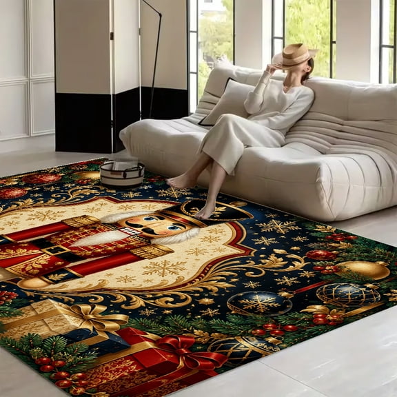 RKSupls 4x3ft Royal Nutcracker Christmas Gift Theme Soft Fluffy Velvet Area Rug for Living Room Bedroom, Non-Slip Washable Carpet, Modern Minimalist Home Decor Floor Mat