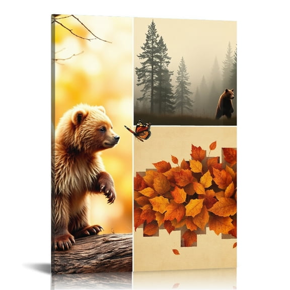RKSupls Rustic Bear Autumn Collage Canvas Wall Art, Canvas Prints Wall Art for Living Room Bedroom Entryway Office, Art Print Painting for Home Decor