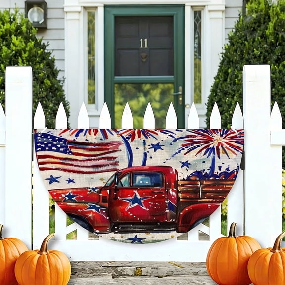 RKSupls Rustic Truck Flag Fireworks Patriotic Half Round American Flag Banner 1776-2026, USA Independence Day Fence Porch Hanging Decor