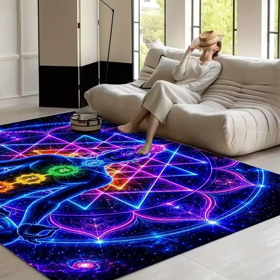 RKSupls Sacred Geometry Chakra Meditation Figure Soft Fluffy Velvet Area Rug for Living Room Bedroom, Non-Slip Washable Carpet, Modern Minimalist Home Decor Floor Mat