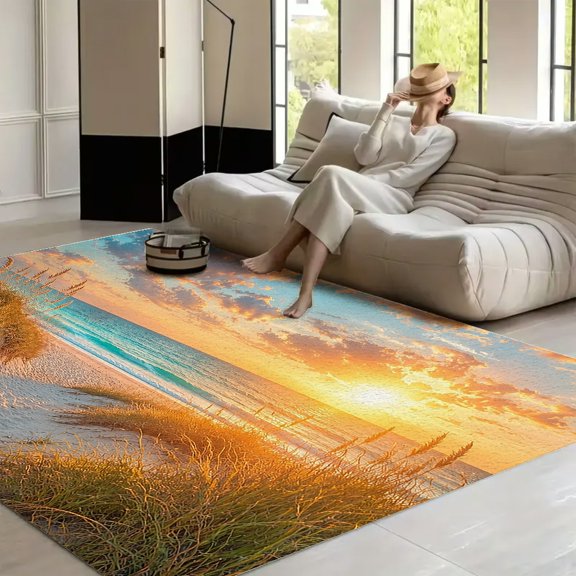 RKSupls Sand Dunes Beach Path Soft Fluffy Velvet Area Rug for Living Room Bedroom, Non-Slip Washable Carpet, Modern Minimalist Home Decor Floor Mat
