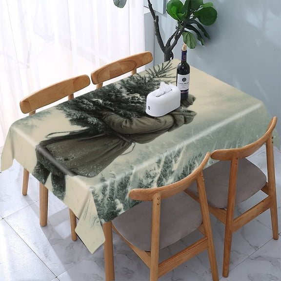 RKSupls Santa Carrying Tree Snow Rectangle Dining Tablecloth, Washable Wipeable Stain & Wrinkle Resistant Polyester Tablecloth for Kitchen Picnic Party