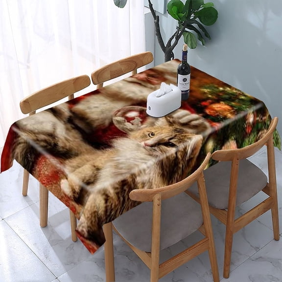 RKSupls Santa Cat Christmas Rectangle Dining Tablecloth, Washable Wipeable Stain & Wrinkle Resistant Polyester Tablecloth for Kitchen Picnic Party