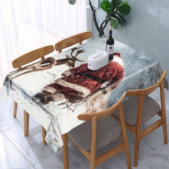 RKSupls Santa Deer Snow Forest Rectangle Dining Tablecloth, Washable Wipeable Stain & Wrinkle Resistant Polyester Tablecloth for Kitchen Picnic Party