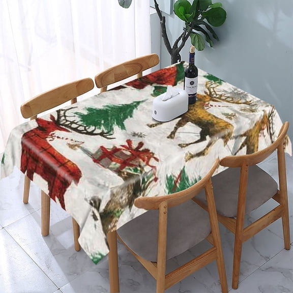 RKSupls Santa Deer Snow Pattern Rectangle Dining Tablecloth, Washable Wipeable Stain & Wrinkle Resistant Polyester Tablecloth for Kitchen Picnic Party