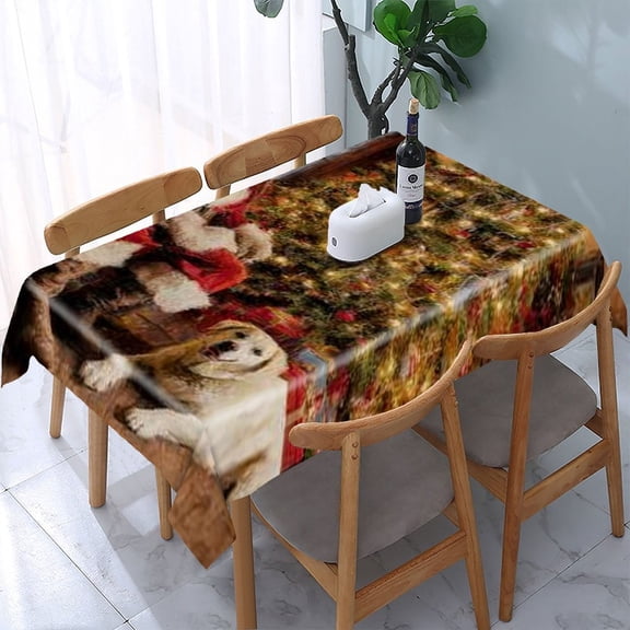 RKSupls Santa Dog Fireplace Rectangle Dining Tablecloth, Washable Wipeable Stain & Wrinkle Resistant Polyester Tablecloth for Kitchen Picnic Party