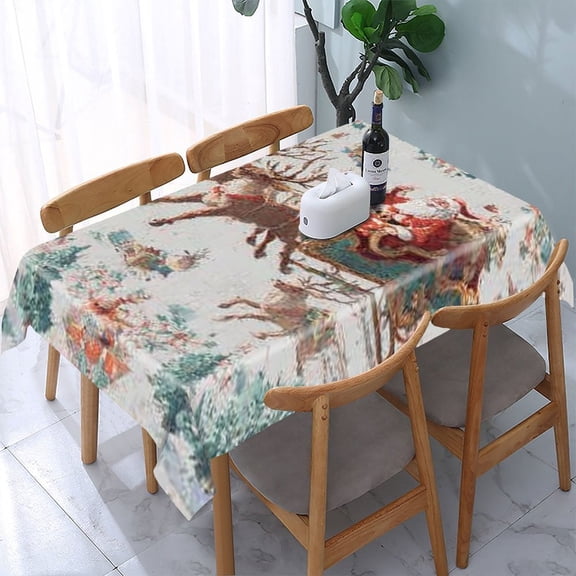 RKSupls Santa Sleigh Reindeer Rectangle Dining Tablecloth, Washable Wipeable Stain & Wrinkle Resistant Polyester Tablecloth for Kitchen Picnic Party