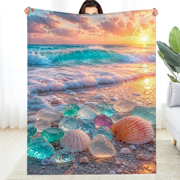 RKSupls Sea Glass Shells Beach All-Season Blanket , Allergy Napping Fuzzy Bedding for the Couch, Soft Throw for Couch, Travel, Camping