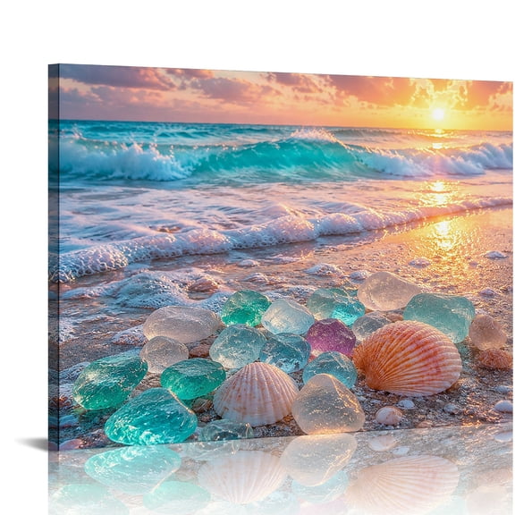 RKSupls Sea Glass Shells Beach Ready to Hang, Modern Wall Decor, Wall Art Canvas Print Bathroom Bedroom Kitchen Hallway Wall Decor Prints