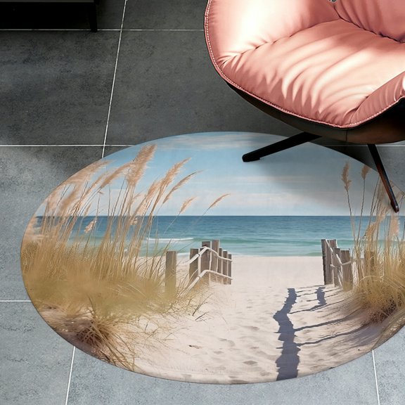 RKSupls Sea Oats Boardwalk Beach Entrance Round Flannel Floor Mat, Soft Non-Slip Washable Rug suitable for Living Room Bedroom Nursery, Decorative Floor Rug