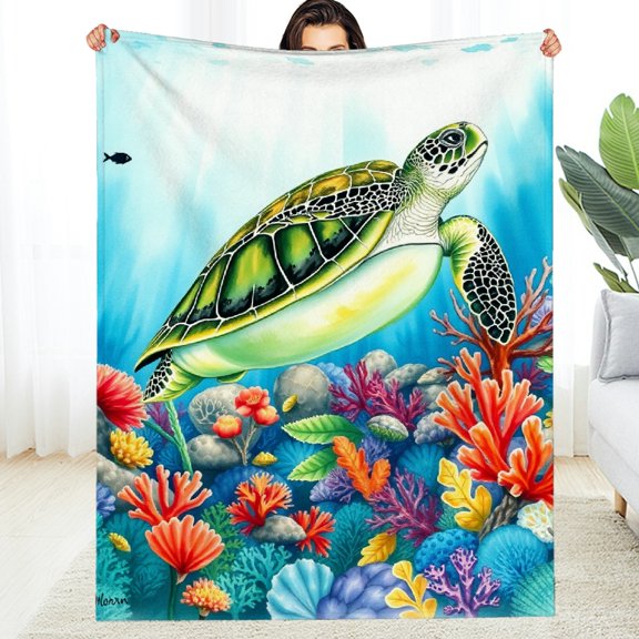 RKSupls Sea Turtle Coral Ocean Life Soft Flannel Throw Blanket, Lightweight Fuzzy Warm Cozy Blanket for Couch Bed Home Travel Decor