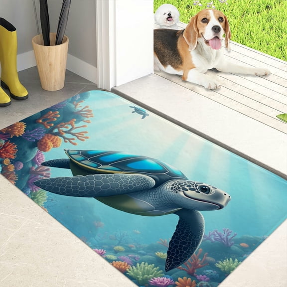 RKSupls Sea Turtle Coral Reef Flannel Floor Mat with Anti-Skid Backing Non-Slip Absorbent Machine Washable Indoor Rug for Bathroom Kitchen Entryway, 40*60cm