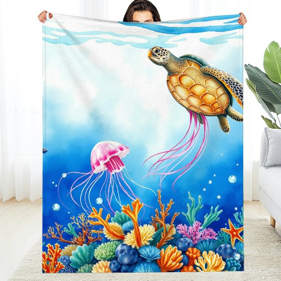 RKSupls Sea Turtle Coral Reef Ocean Soft Flannel Throw Blanket, Lightweight Fuzzy Warm Cozy Blanket for Couch Bed Home Travel Decor