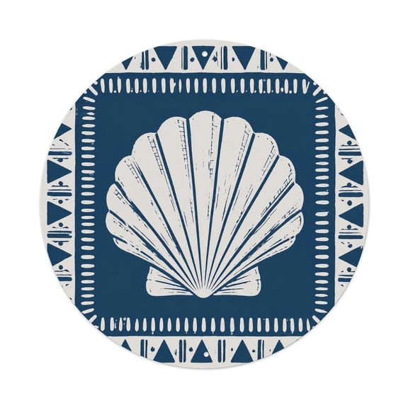 RKSupls Seashell Navy Block Print 7.9x7.9in Round Aluminum Plaque Wall Art, UV Printed Vintage Metal Sign with Pre-Drilled Holes for Home Bar Garage Cafe Decor