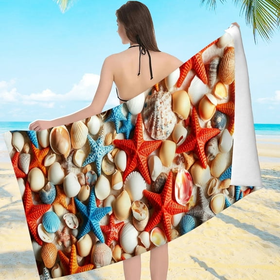 RKSupls Seashell Starfish Beach Microfiber Beach Towel, Extra Large Quick Dry Lightweight Towel for Travel Swimming Camping, Soft Super Absorbent- 55.1x27.6in