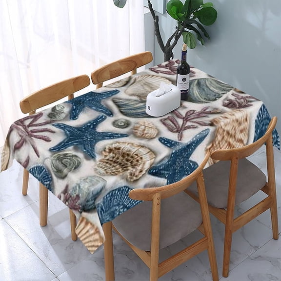 RKSupls Seashells Starfish Beach Rectangle Dining Tablecloth, Washable Wipeable Stain & Wrinkle Resistant Polyester Tablecloth for Kitchen Picnic Party