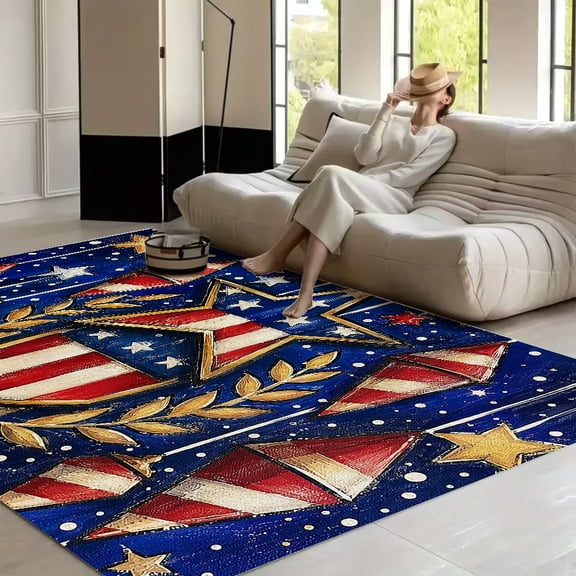 RKSupls Shield Firecrackers Gold Stars Blue Soft Fluffy Velvet Area Rug for Living Room Bedroom, Non-Slip Washable Carpet, Modern Minimalist Home Decor Floor Mat