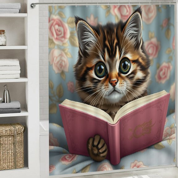 RKSupls Shower Curtain, Adorable Tabby Cat Reading Pink Book Waterproof Polyester Shower Curtain with Hooks for Chic Elegant Home Bathtub Bathroom Decor Washable Curtains