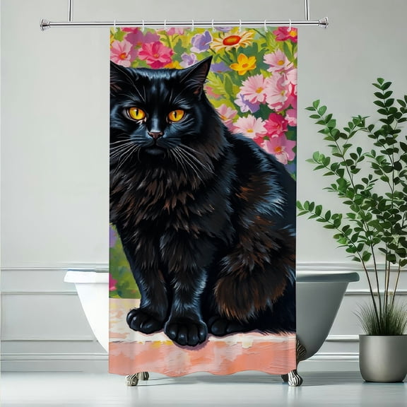 RKSupls Shower Curtain, Black Cat Floral Waterproof Polyester Shower Curtain with Hooks for Chic Elegant Home Bathtub Bathroom Decor Washable Curtains