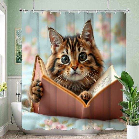 RKSupls Shower Curtain, Cute Cat Reading a Book Waterproof Polyester Shower Curtain with Hooks for Chic Elegant Home Bathtub Bathroom Decor Washable Curtains