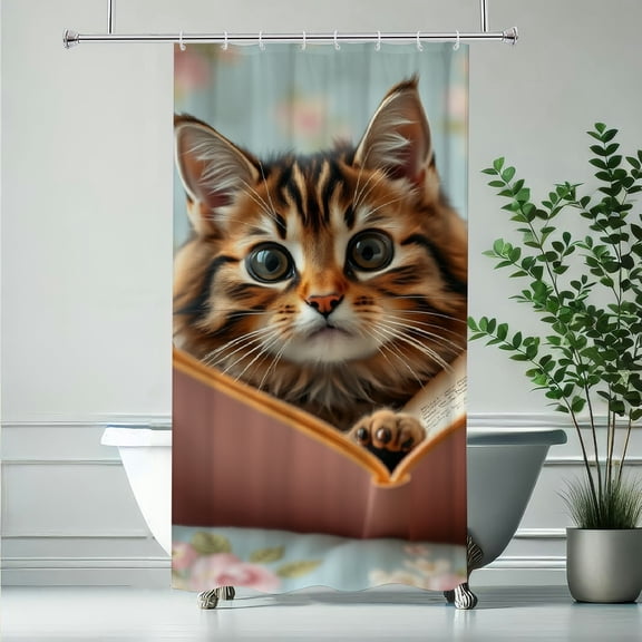 RKSupls Shower Curtain, Cute Cat Reading a Book Waterproof Polyester Shower Curtain with Hooks for Chic Elegant Home Bathtub Bathroom Decor Washable Curtains
