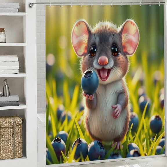 RKSupls Shower Curtain, Cute Mouse with Blueberry Shower Curtain with Hooks for Chic Elegant Home Bathtub Bathroom Decor Washable Curtains
