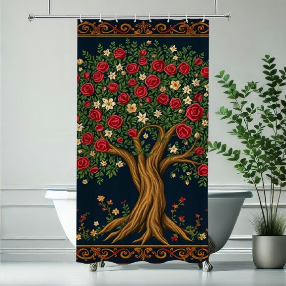 RKSupls Shower Curtain, Embroidered Rose Tree of Life Waterproof Polyester Shower Curtain with Hooks for Chic Elegant Home Bathtub Bathroom Decor Washable Curtains
