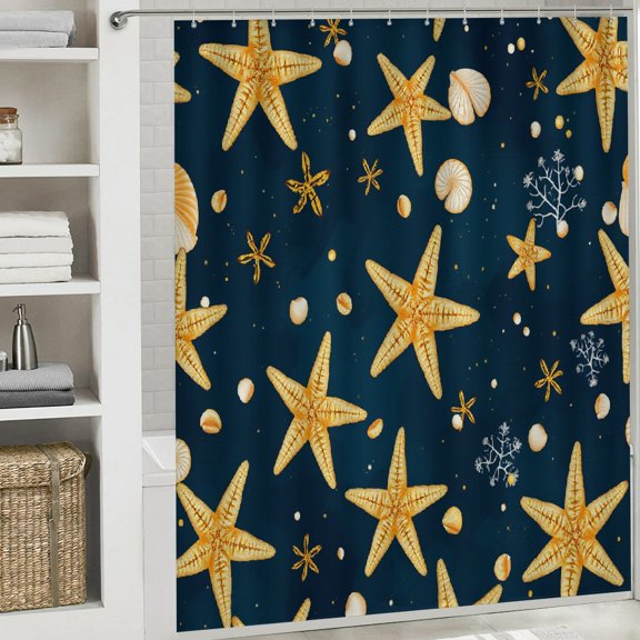 RKSupls Shower Curtain, Gold Starfish and Seashell Pattern Waterproof Polyester Shower Curtain with Hooks for Chic Elegant Home Bathtub Bathroom Decor Washable Curtains