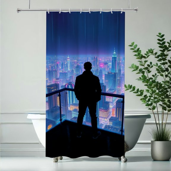 RKSupls Shower Curtain, Neon Cyberpunk City Polyester Shower Curtain with Hooks for Chic Elegant Home Bathtub Bathroom Decor Washable Curtains