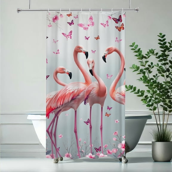 RKSupls Shower Curtain, Pink Flamingo Cherry Blossom Polyester Shower Curtain with Hooks for Chic Elegant Home Bathtub Bathroom Decor Washable Curtains