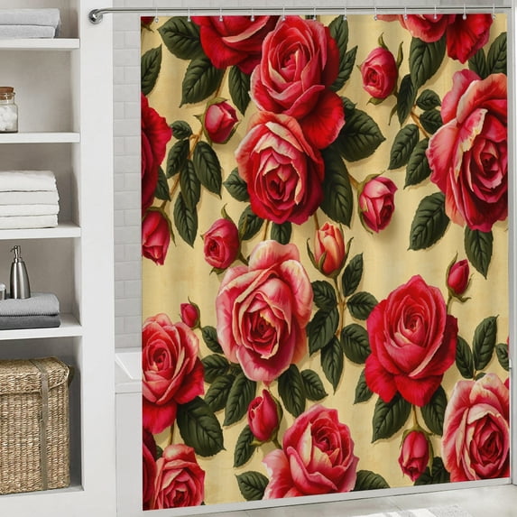 RKSupls Shower Curtain, Vintage Red Rose Seamless Pattern Waterproof Polyester Shower Curtain with Hooks for Chic Elegant Home Bathtub Bathroom Decor Washable Curtains