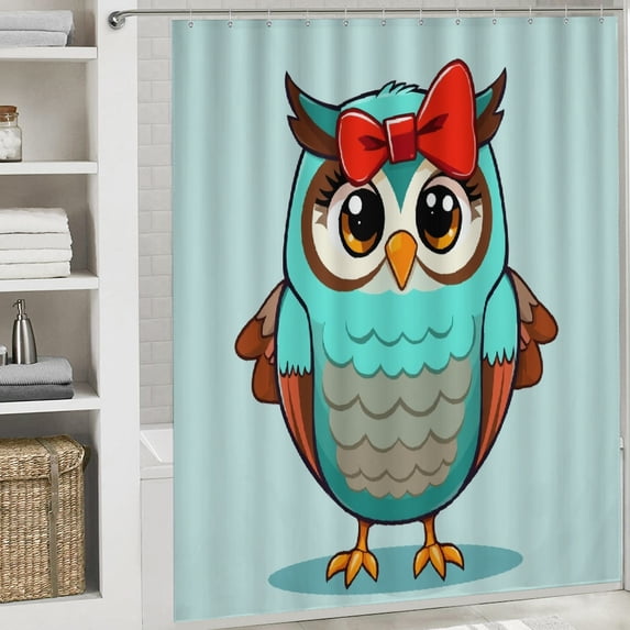 RKSupls Shower Curtain, Whimsical Cartoon Owl Red Bow Polyester Shower Curtain with Hooks for Chic Elegant Home Bathtub Bathroom Decor Washable Curtains