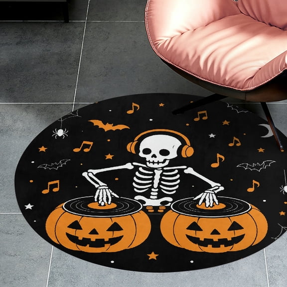 RKSupls Skeleton DJ Pumpkins Music Round Flannel Floor Mat, Soft Non-Slip Washable Rug suitable for Living Room Bedroom Study, Decorative Floor Rug