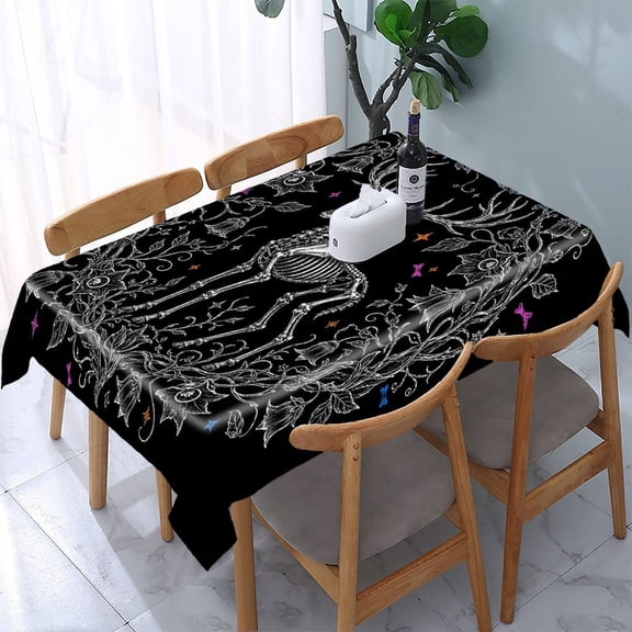 RKSupls Skeleton Deer Floral Rectangle Dining Tablecloth, Washable Wipeable Stain & Wrinkle Resistant Polyester Tablecloth for Kitchen Picnic Party