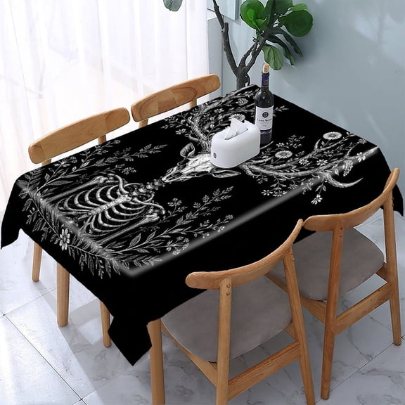 RKSupls Skeleton Deer Flowers Rectangle Dining Tablecloth, Washable Wipeable Stain & Wrinkle Resistant Polyester Tablecloth for Kitchen Picnic Party